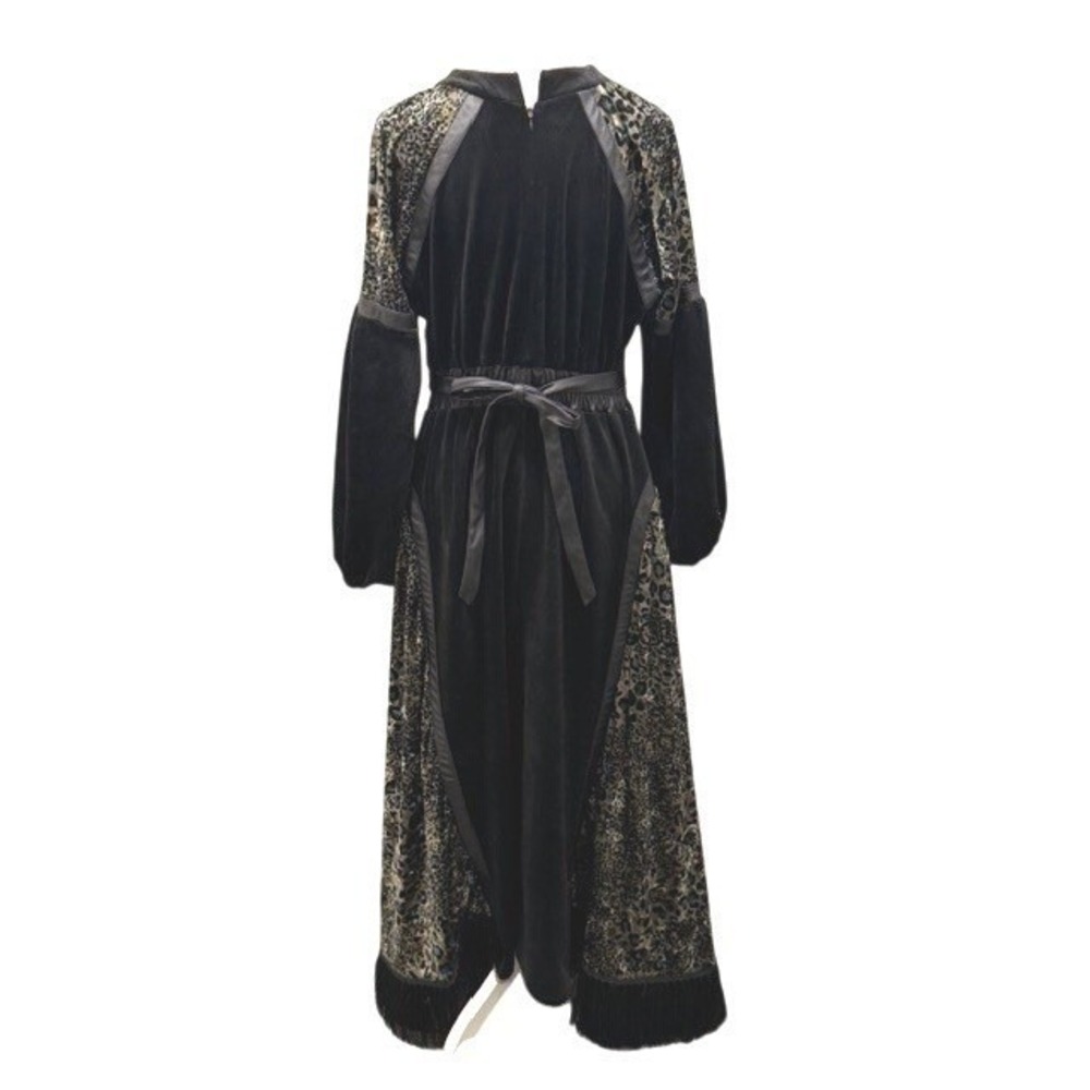Gothic Black Velvet Maxi Dress‎ Leopard Panels Fringe Renaissance Boho Womens S